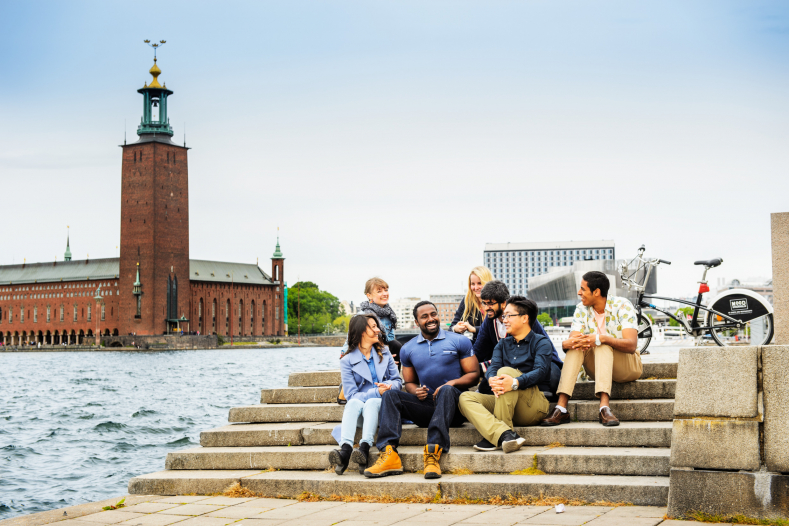 Friends outside city hall in Stockholm